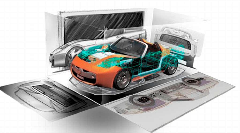 Modelagem em andamento de um carro em SolidWorks que apresentas as vistas frontal, posterior, da direita e da esquerda.