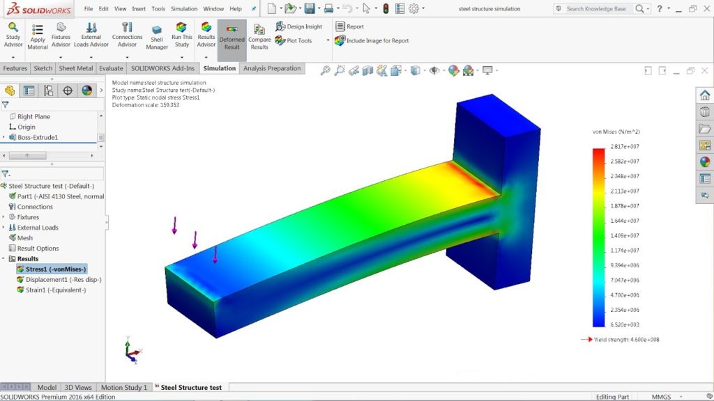 Exemplo do SolidWorks sendo utilizado como Software CAE - Diferença entre CAD, CAE e CAM.