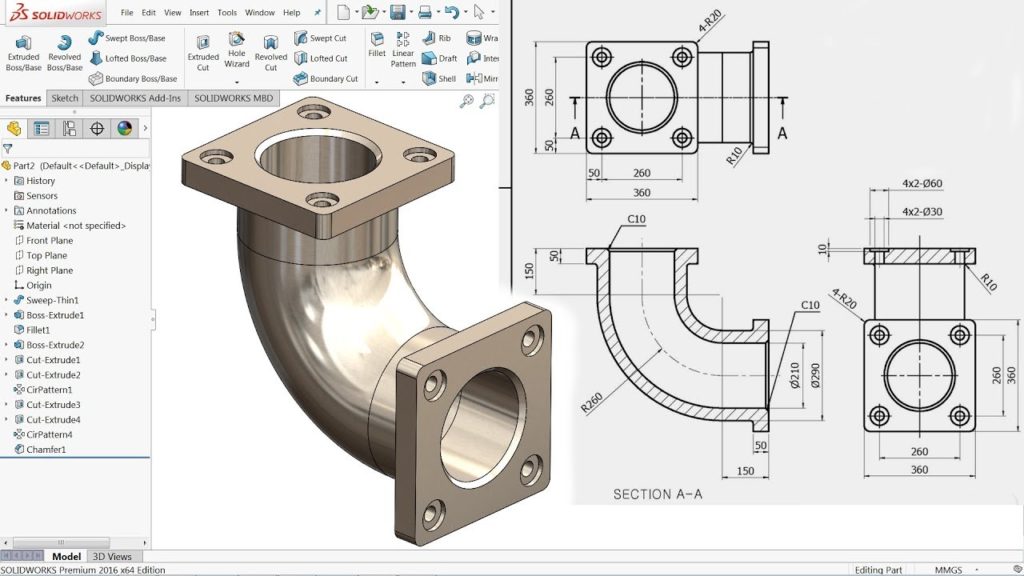 Exemplo do SolidWorks sendo utilizado como Software CAD - Diferença entre CAD, CAE e CAM.
